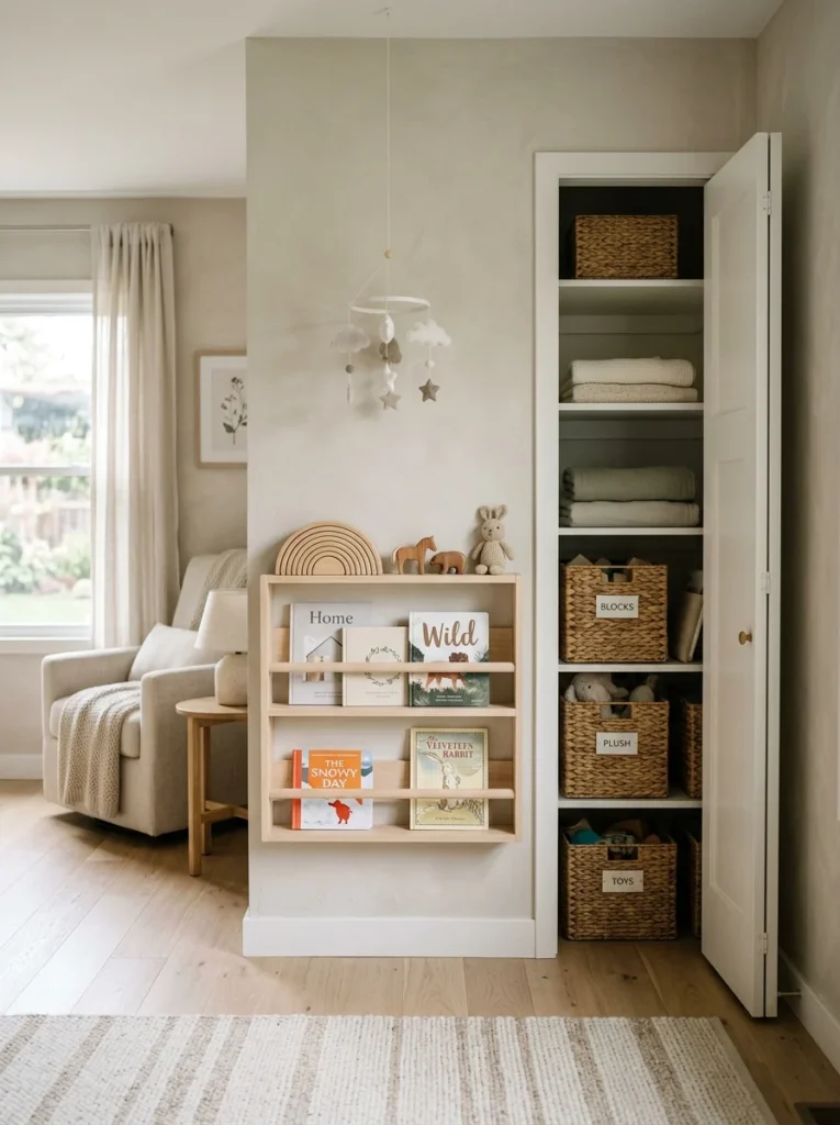 Small collection of baby toys and books neatly displayed on nursery shelves.