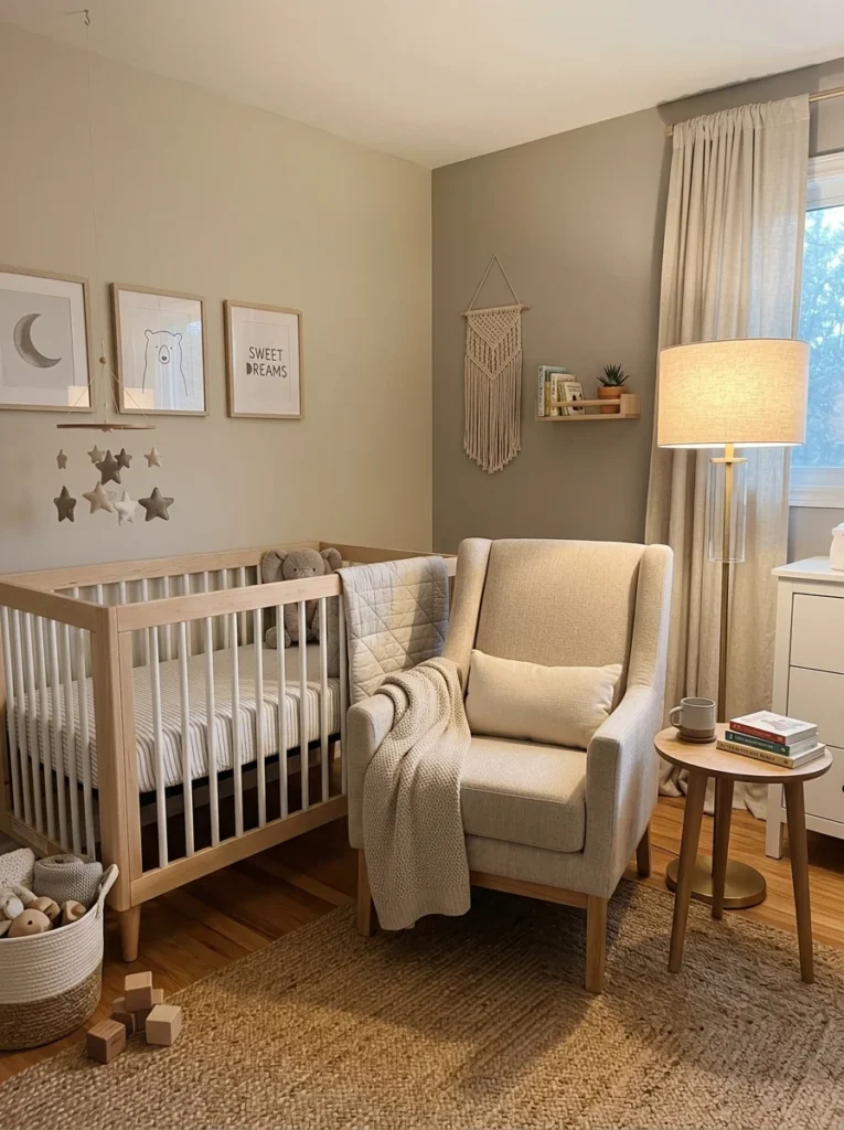 Comfortable slim nursery chair fitting inside a small bedroom nursery.