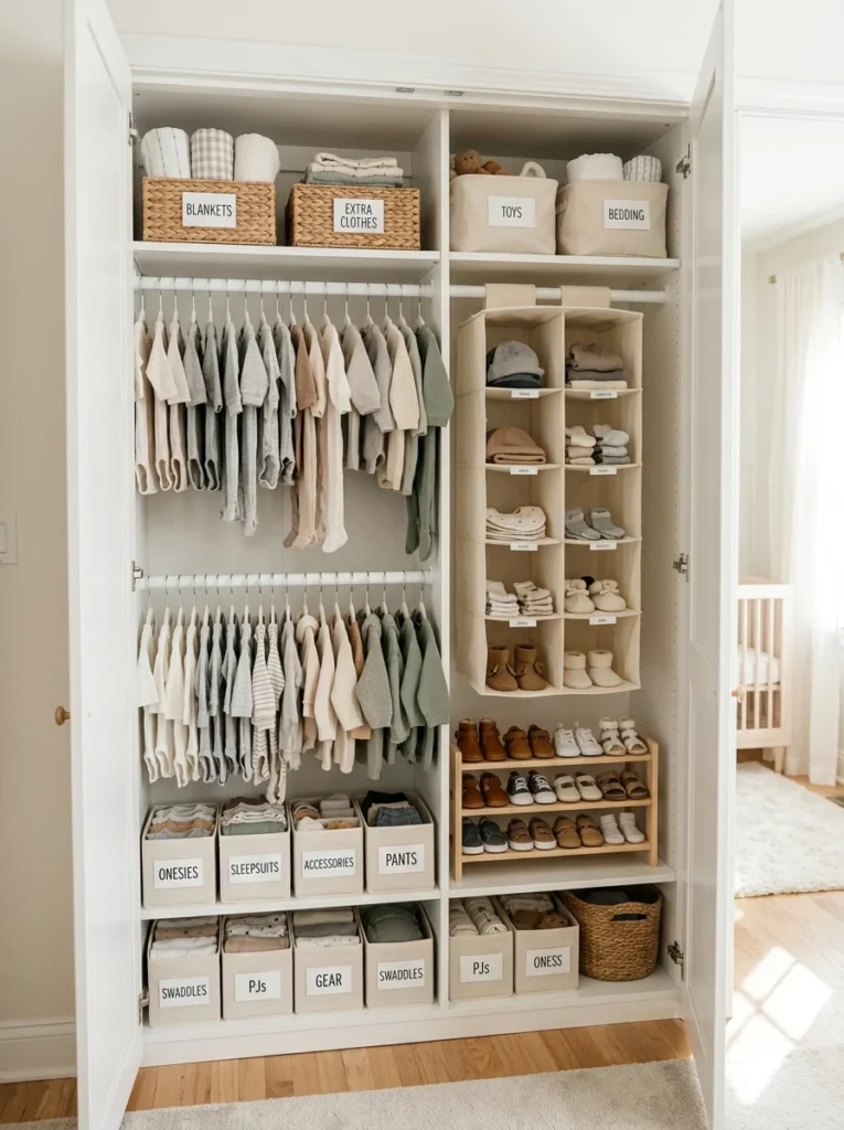 Organized nursery closet with hanging shelves, baskets, and baby clothing.