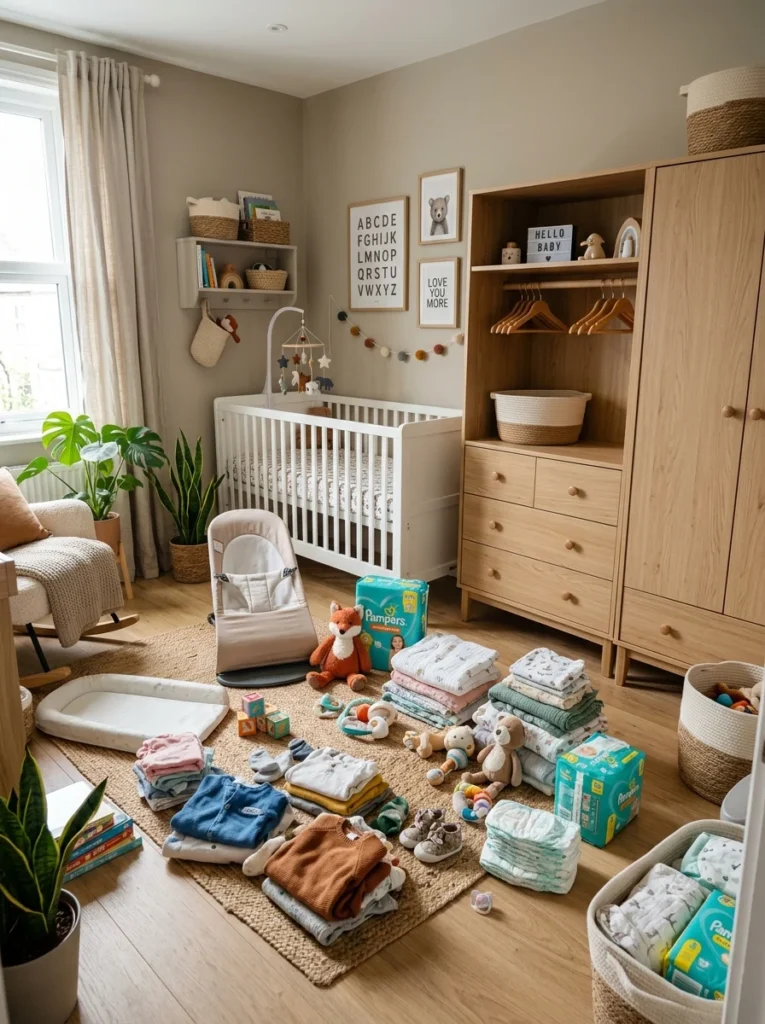 Nursery filled with baby gear before organizing into a practical storage system.