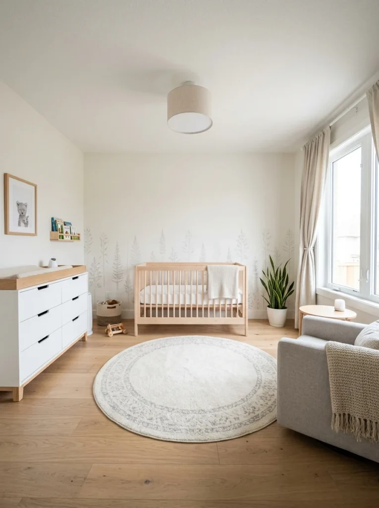 Baby crib positioned safely away from windows and furniture.