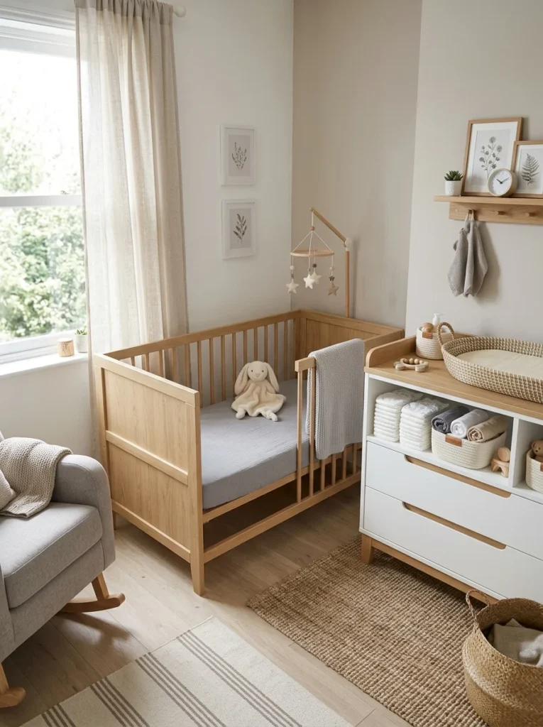 Lowered crib mattress preparing for a safe toddler room transition.