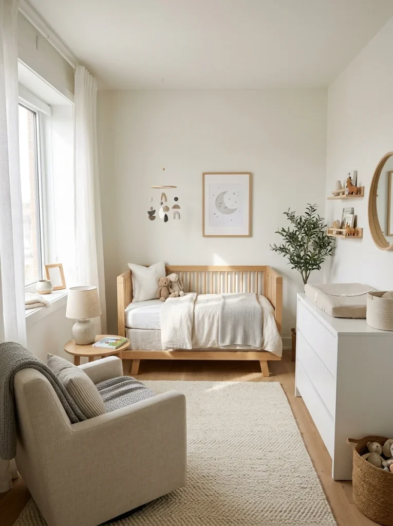 Bright neutral nursery making a compact room appear larger.