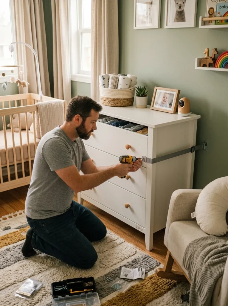 Nursery dresser secured to the wall with anti-tip safety straps.
