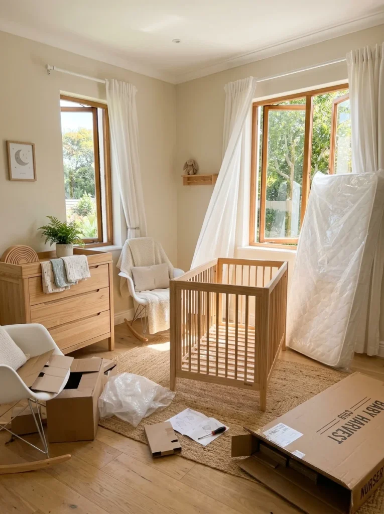 Newly purchased nursery furniture airing out before regular use.