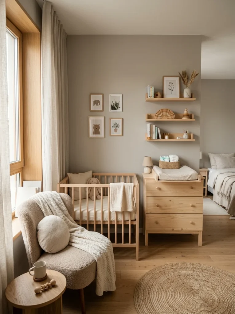 Cozy compact nursery layout with smart furniture placement and modern minimalist decor.
