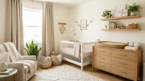 Modern small nursery with a mini crib, dresser changing station, floating shelves, and space-saving furniture in a compact bedroom.