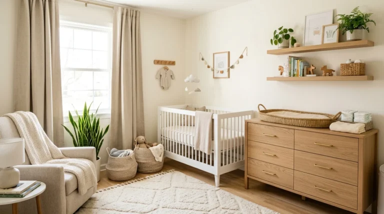 Modern small nursery with a mini crib, dresser changing station, floating shelves, and space-saving furniture in a compact bedroom.