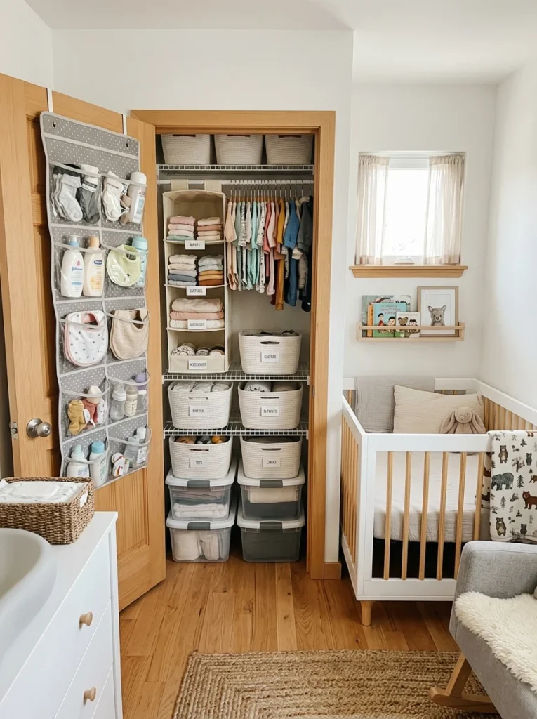 Organized closet and door storage maximizing space in a small nursery.