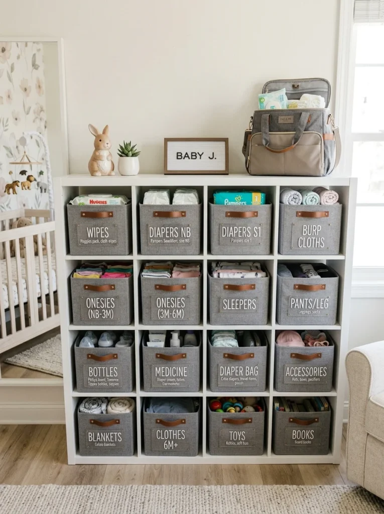 Organized nursery shelf with supplies for quickly restocking a diaper bag.