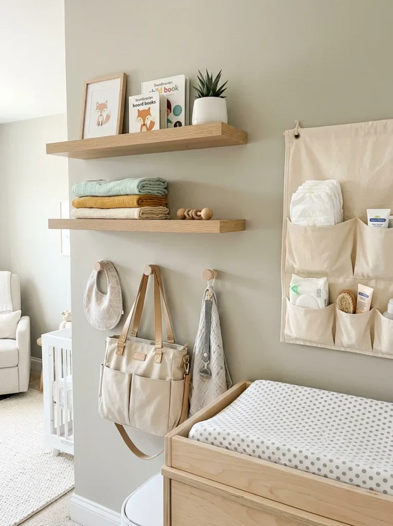 Floating shelves and wall organizers maximizing storage inside a nursery.