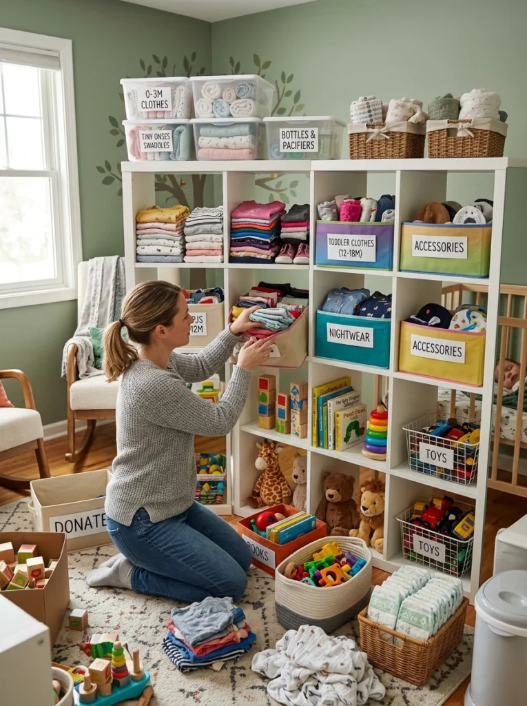 Reorganizing nursery storage to match a growing baby's changing needs.
