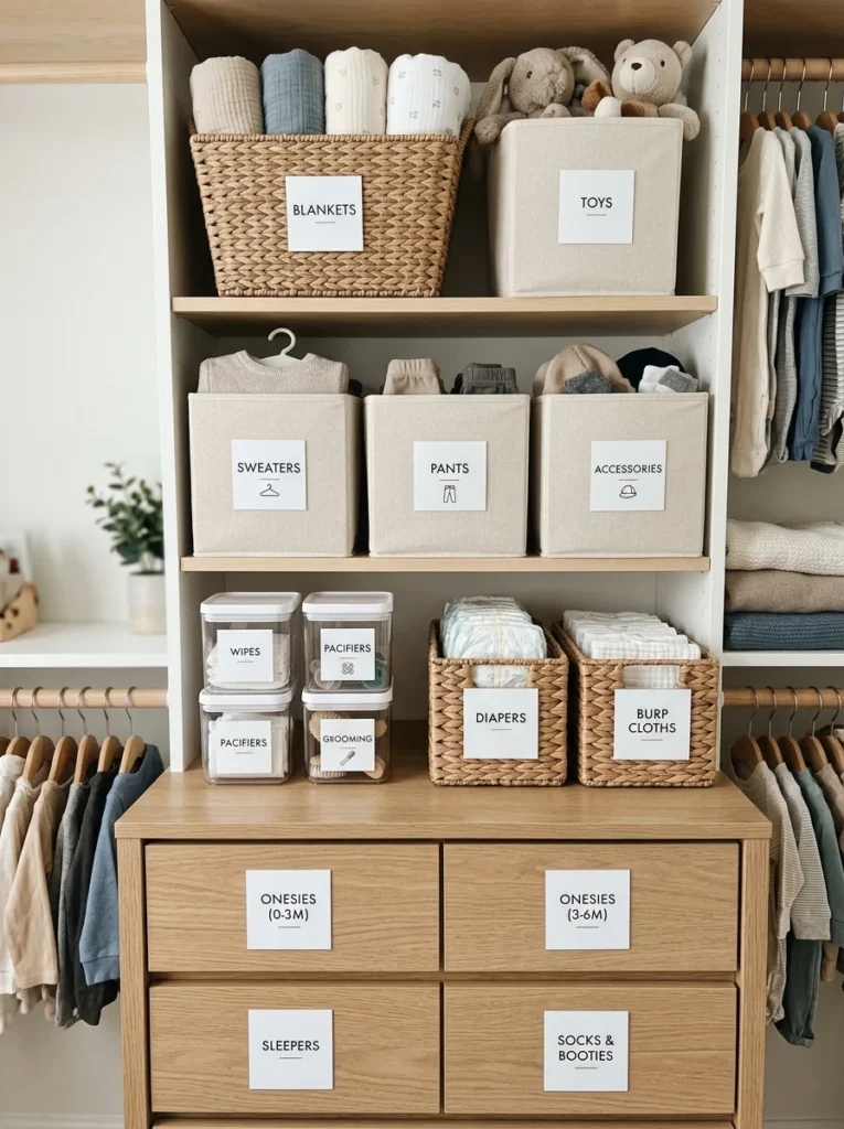 Clearly labeled nursery storage bins and drawers for baby essentials.