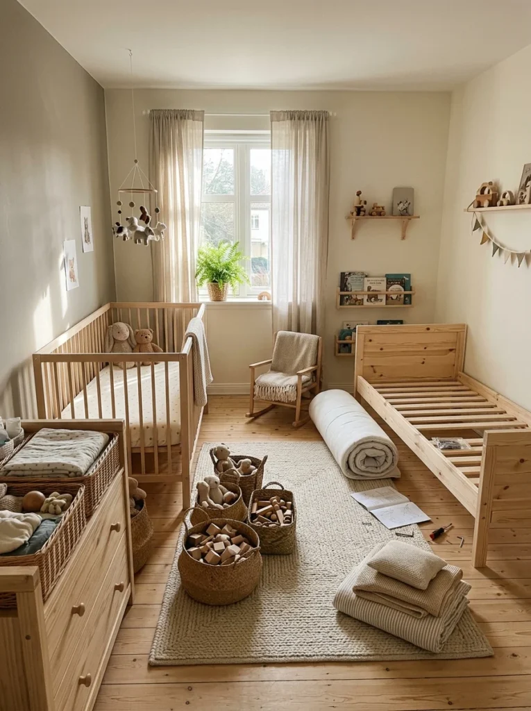 Nursery transitioning into a toddler room with a crib and toddler bed in a calm modern space.