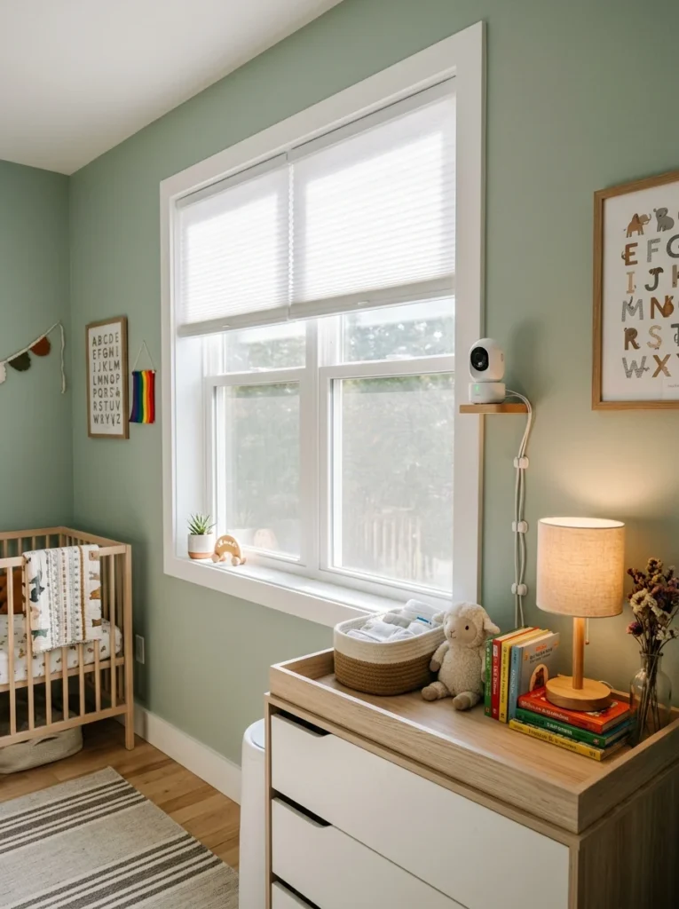 Cordless blinds and secured electrical cords inside a safe nursery.