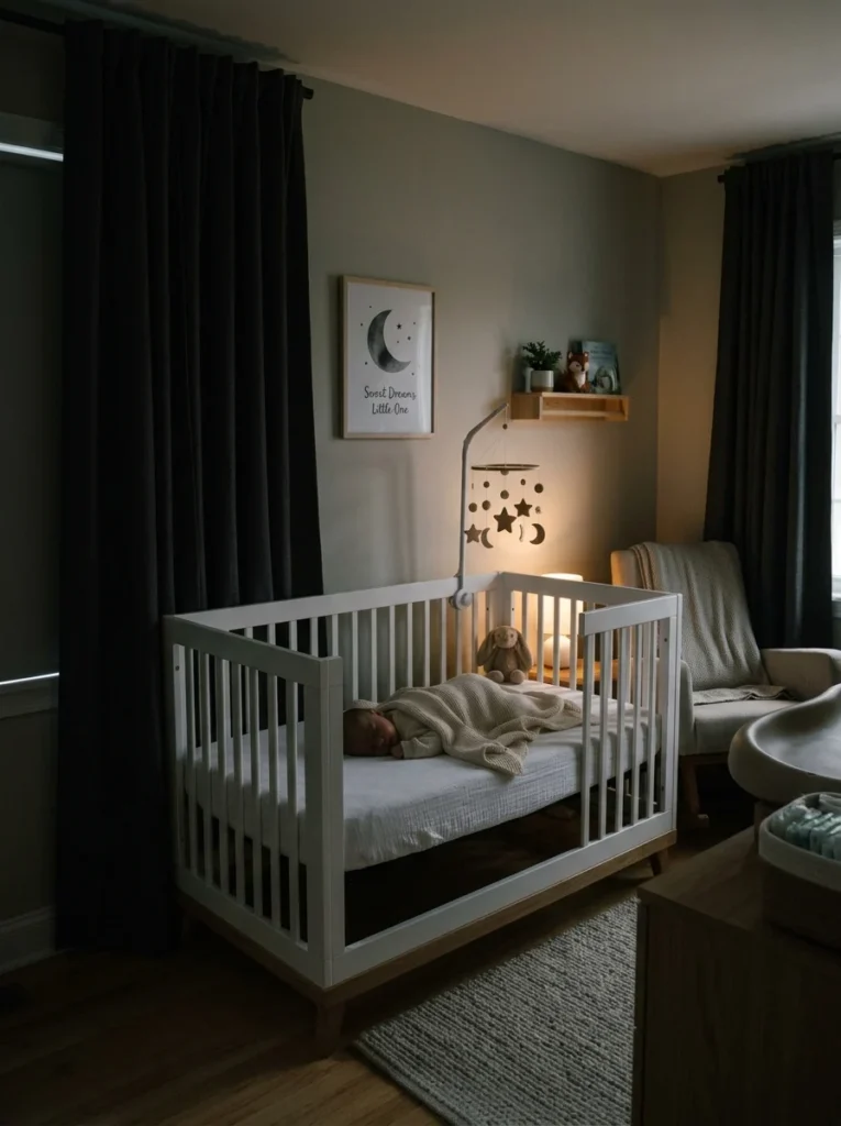 Blackout curtains helping create a darker sleep-friendly nursery.