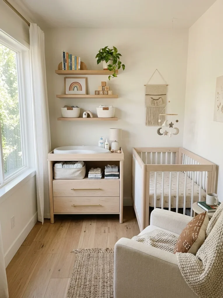 Well-organized small nursery demonstrating practical space-saving ideas.