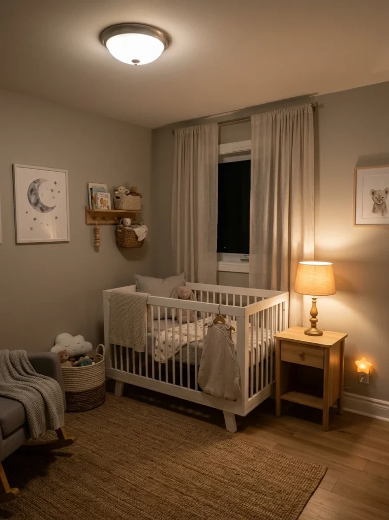 Layered lighting creating a cozy atmosphere in a compact nursery.