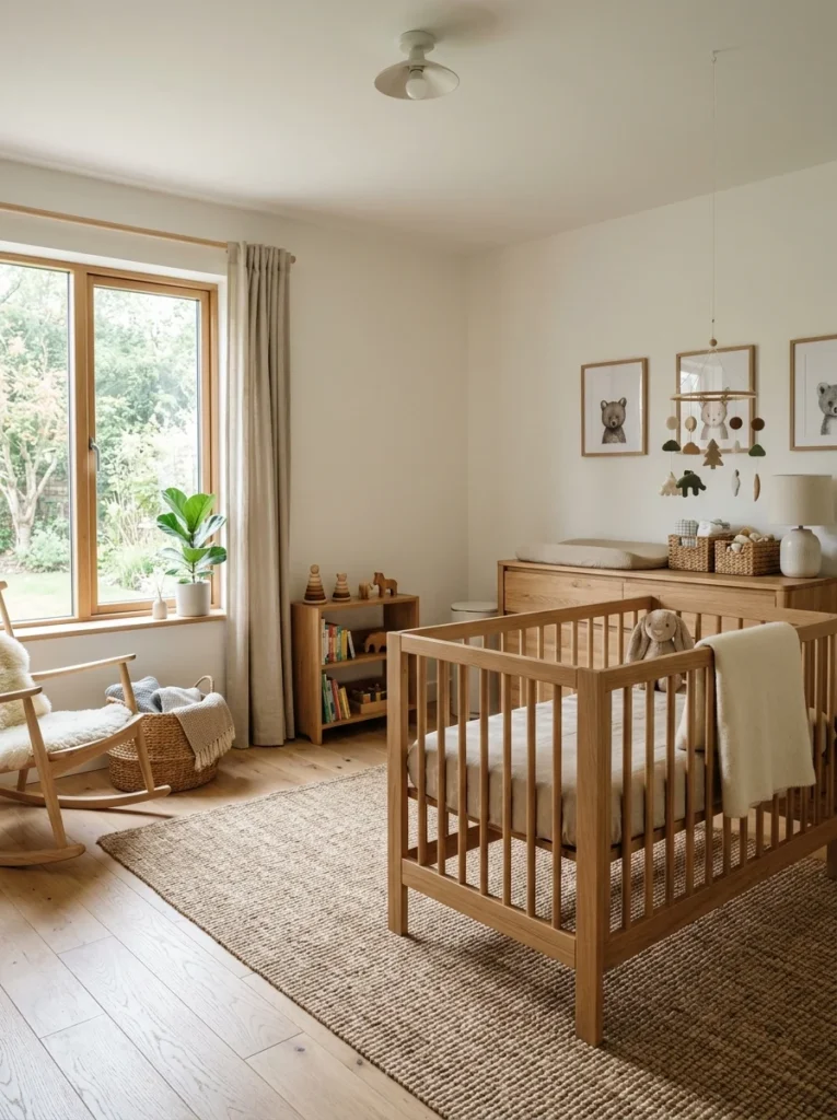 Nursery with hardwood flooring and natural fiber rug for healthier indoor air.