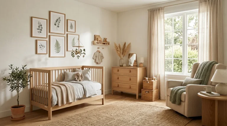 Modern gender-neutral nursery with neutral colors, wooden crib, cozy textiles, and natural decor designed on a budget.