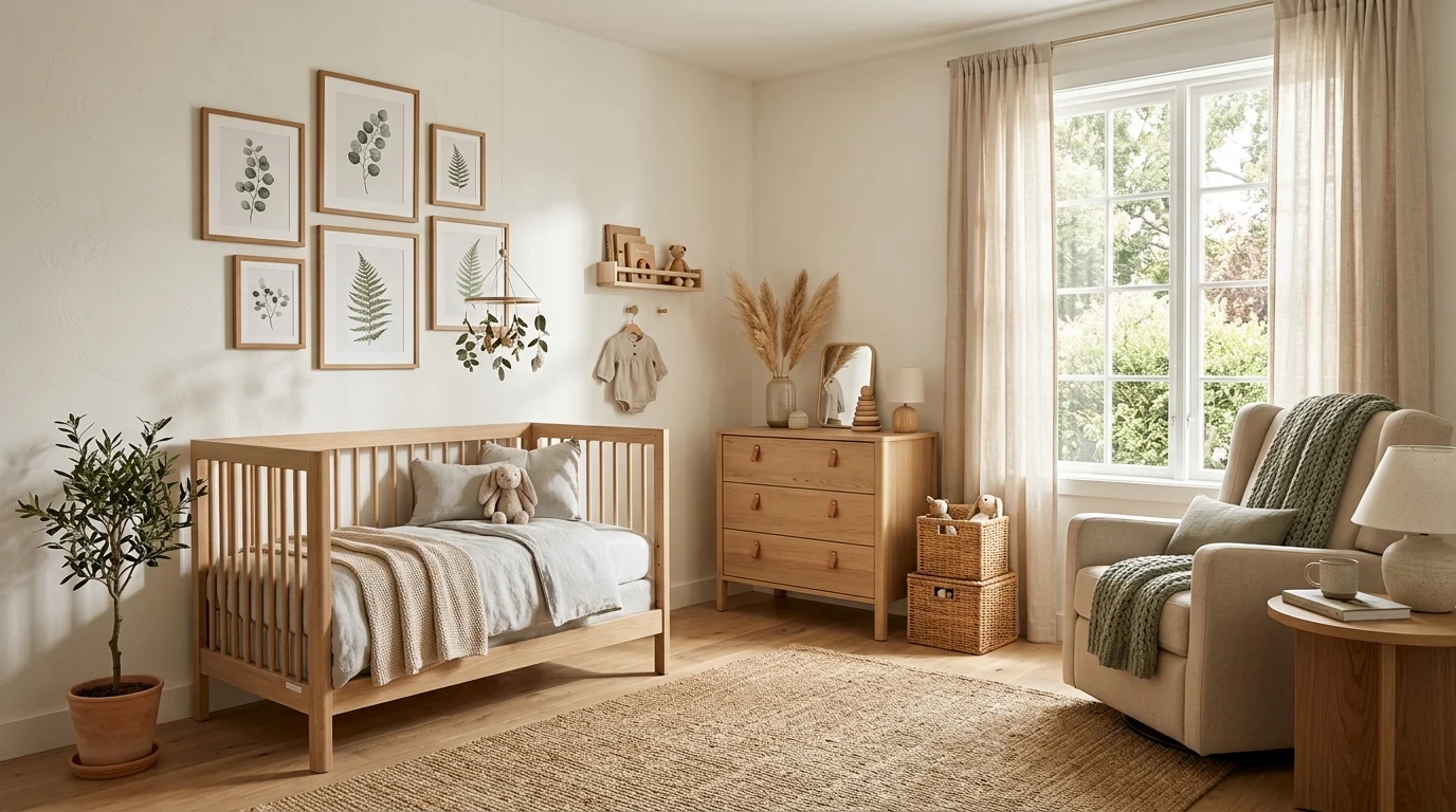 Modern gender-neutral nursery with neutral colors, wooden crib, cozy textiles, and natural decor designed on a budget.