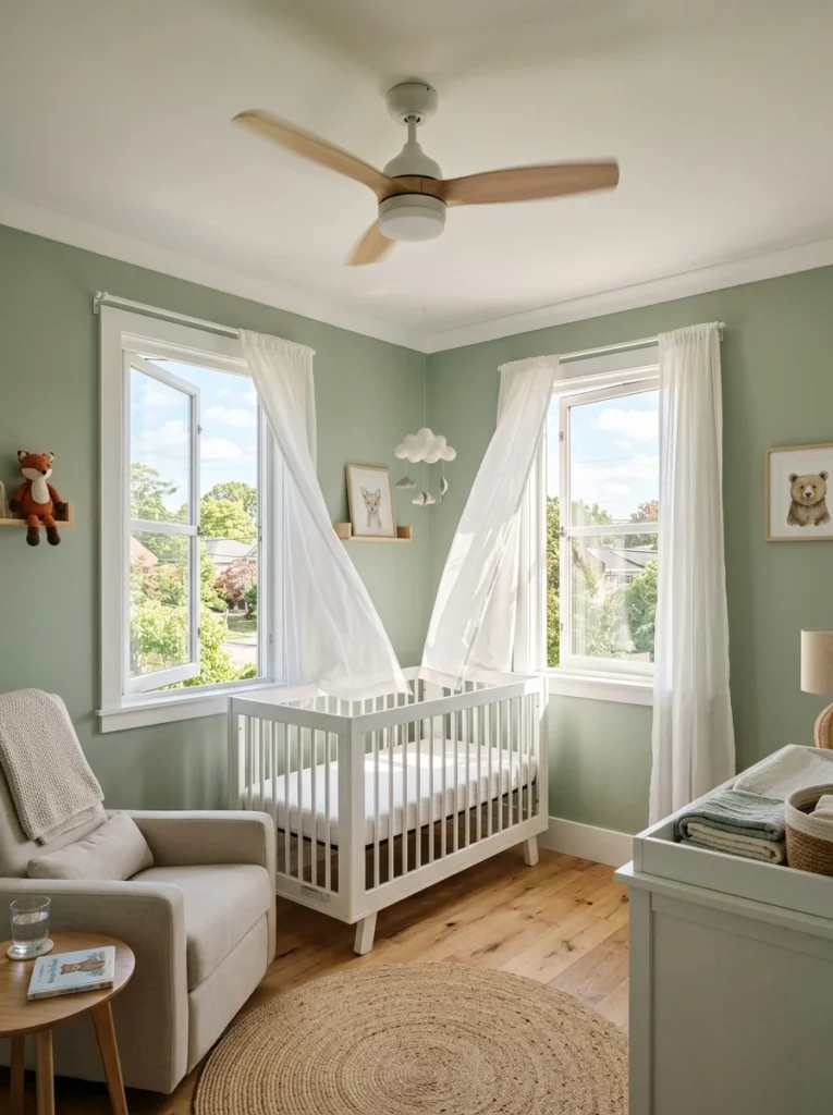 Freshly painted nursery airing out with open windows before baby's arrival.