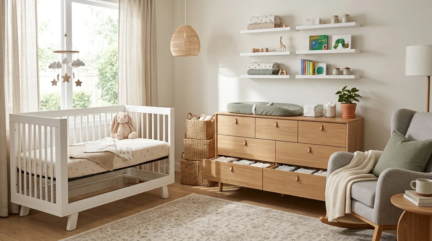 Modern nursery with organized baby storage bins, shelves, baskets, and neatly arranged baby essentials.