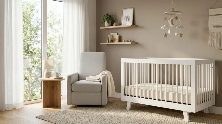 Modern nursery with a safe baby crib featuring a firm mattress and minimalist nursery décor.