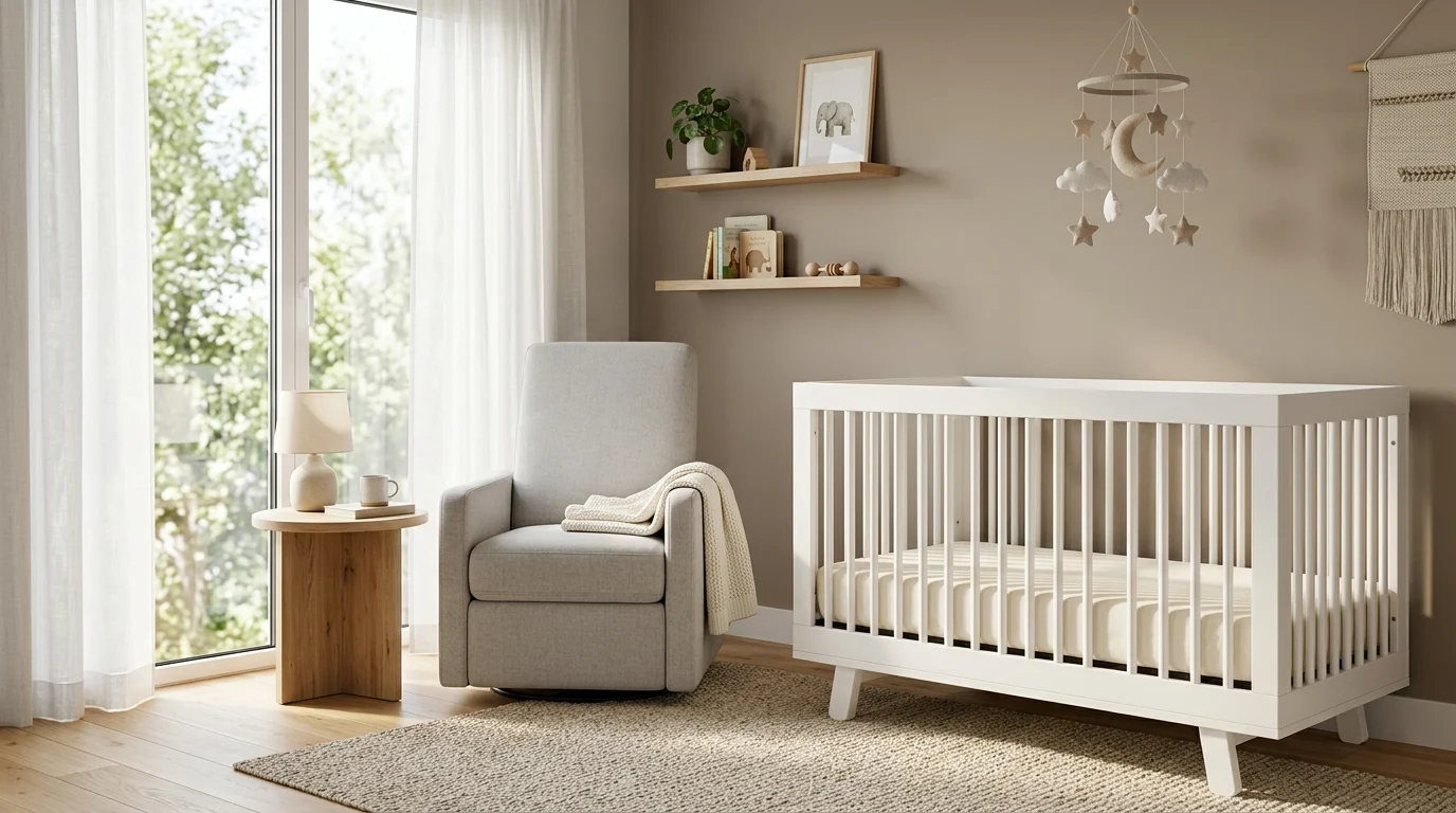 Modern nursery with a safe baby crib featuring a firm mattress and minimalist nursery décor.