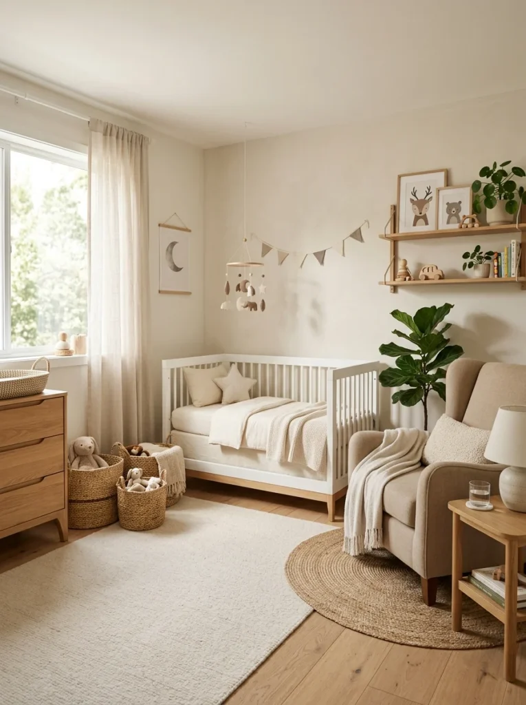 Minimalist gender-neutral nursery featuring natural wood furniture, neutral colors, and cozy decor.