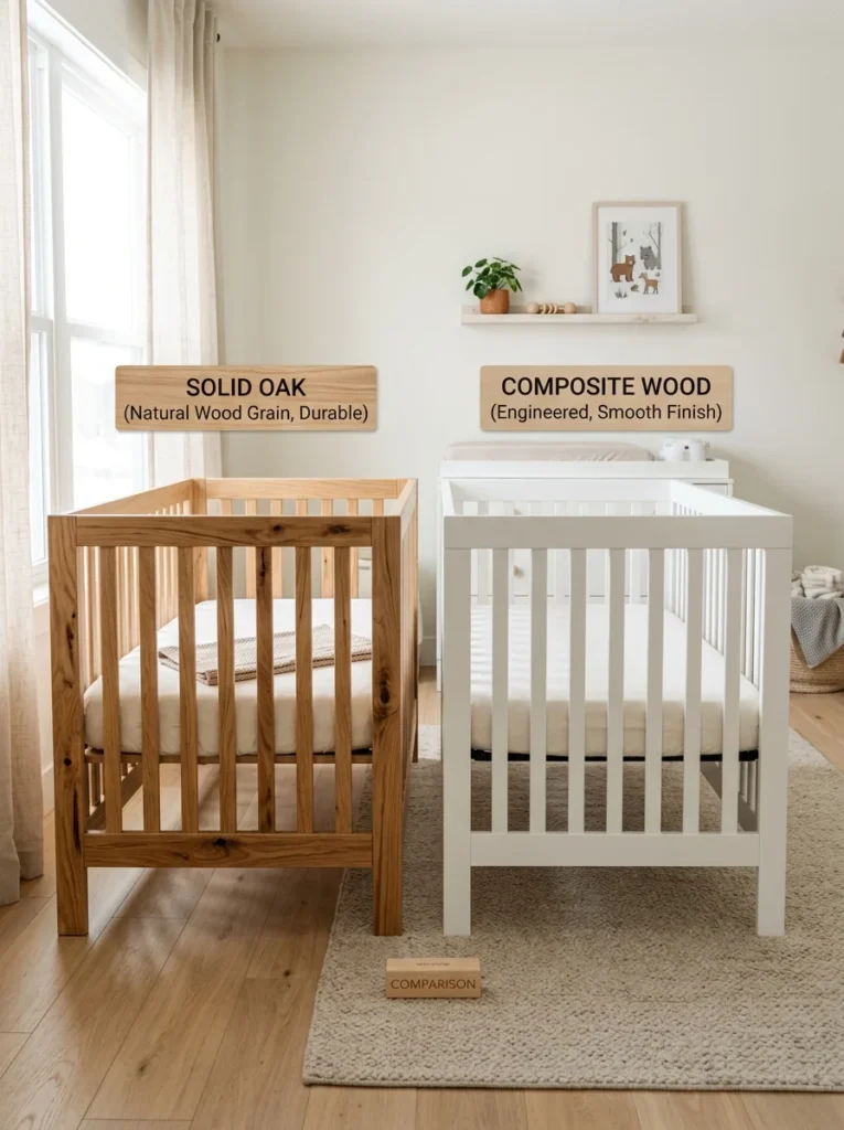 Solid wood nursery furniture displayed as a safer low-emission option.