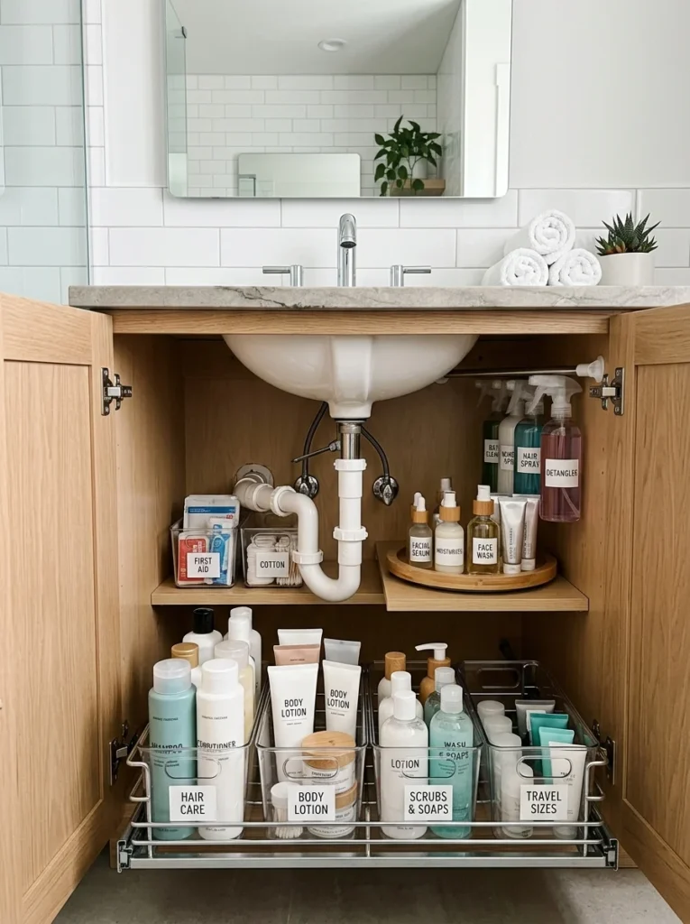Bathroom sink cabinet organized with pull-out drawers bins and storage solutions.