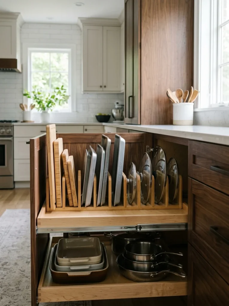 Modern kitchen cabinet featuring pull-out shelves and vertical organizers.