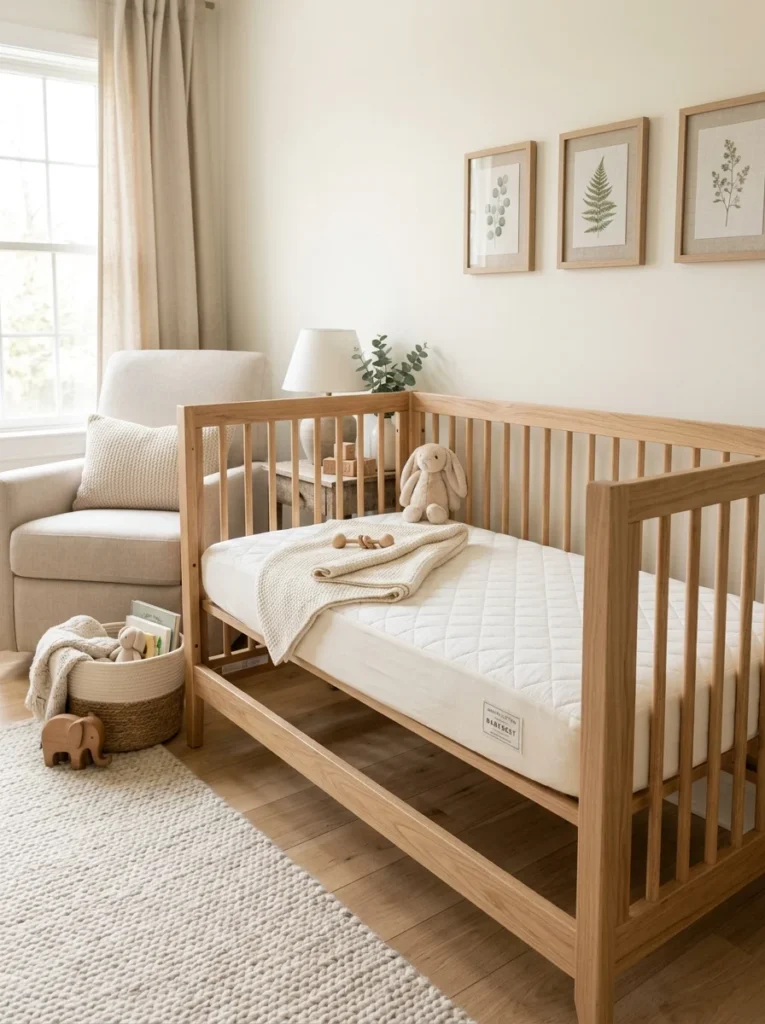 Organic crib mattress inside a solid wood crib in a healthy nursery.