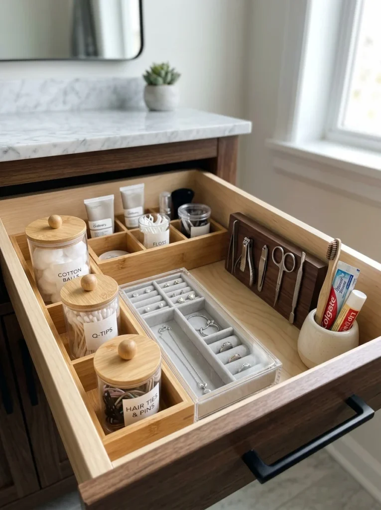 Organized bathroom drawer with containers jewelry tray and grooming essentials.