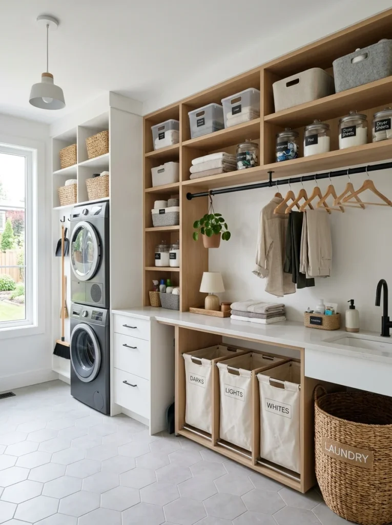 Organized compact laundry room showcasing multiple smart storage solutions.