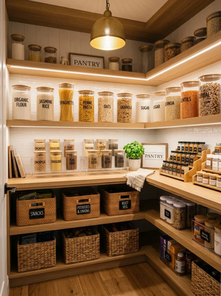 Modern pantry with labeled storage containers and neatly organized food.