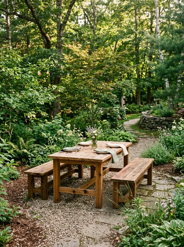Natural cedar outdoor furniture in a relaxing backyard garden.