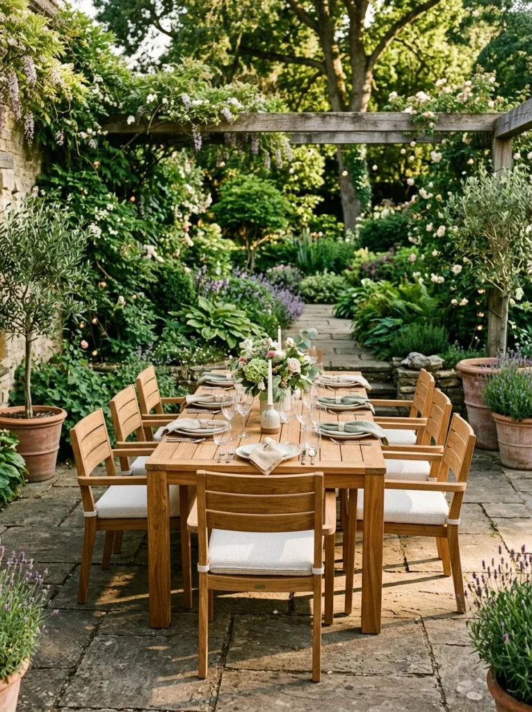 Luxury teak outdoor dining furniture in a beautifully landscaped backyard.