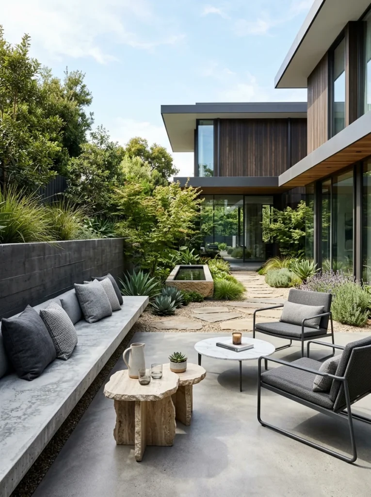 Modern concrete and stone outdoor furniture in a contemporary backyard.