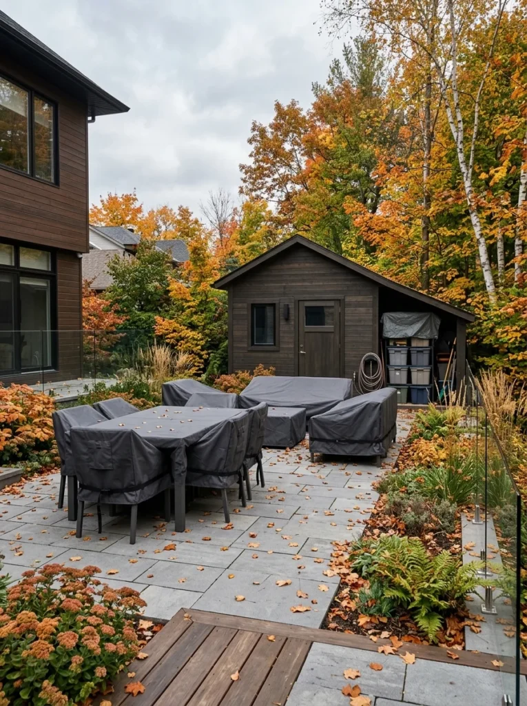Outdoor furniture covered for winter protection and seasonal storage.