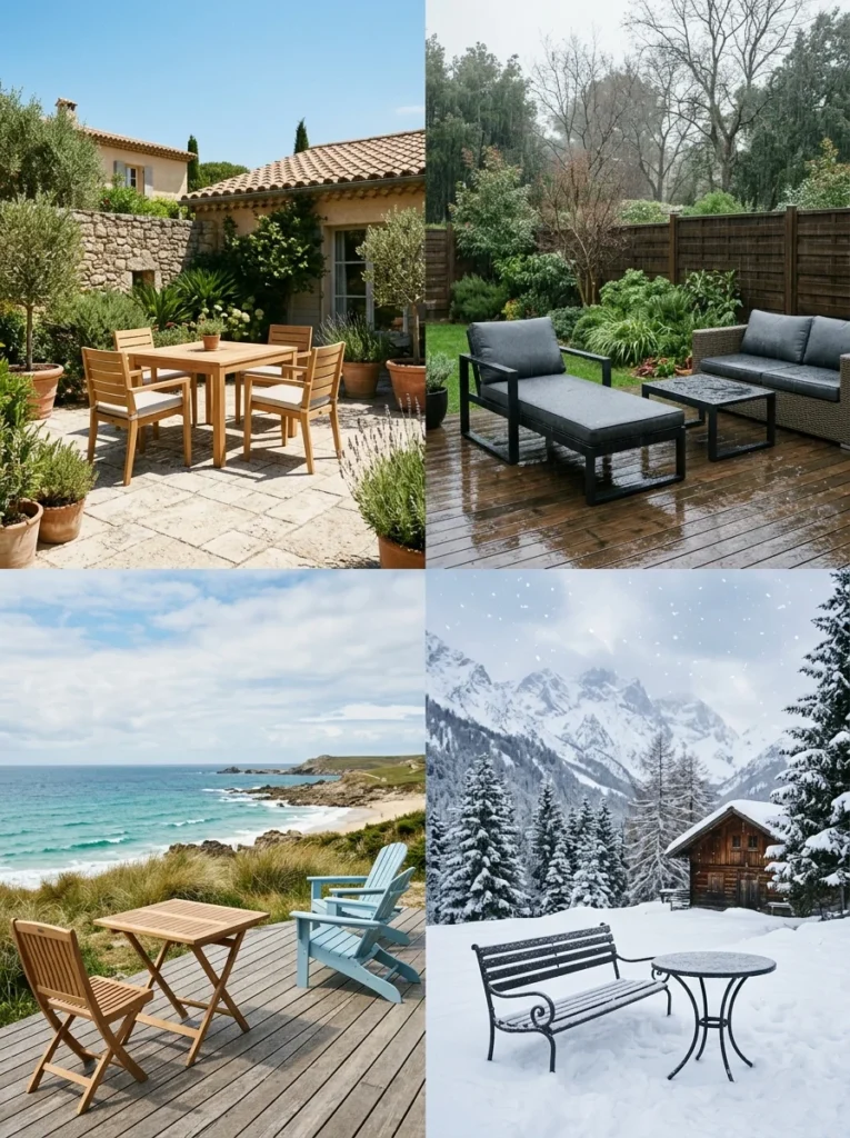Comparison of outdoor furniture materials in different weather conditions.