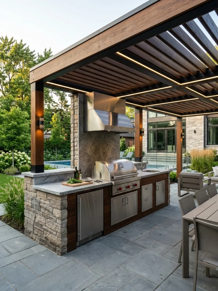 Built-in grill installed with proper ventilation and fire safety clearances.
