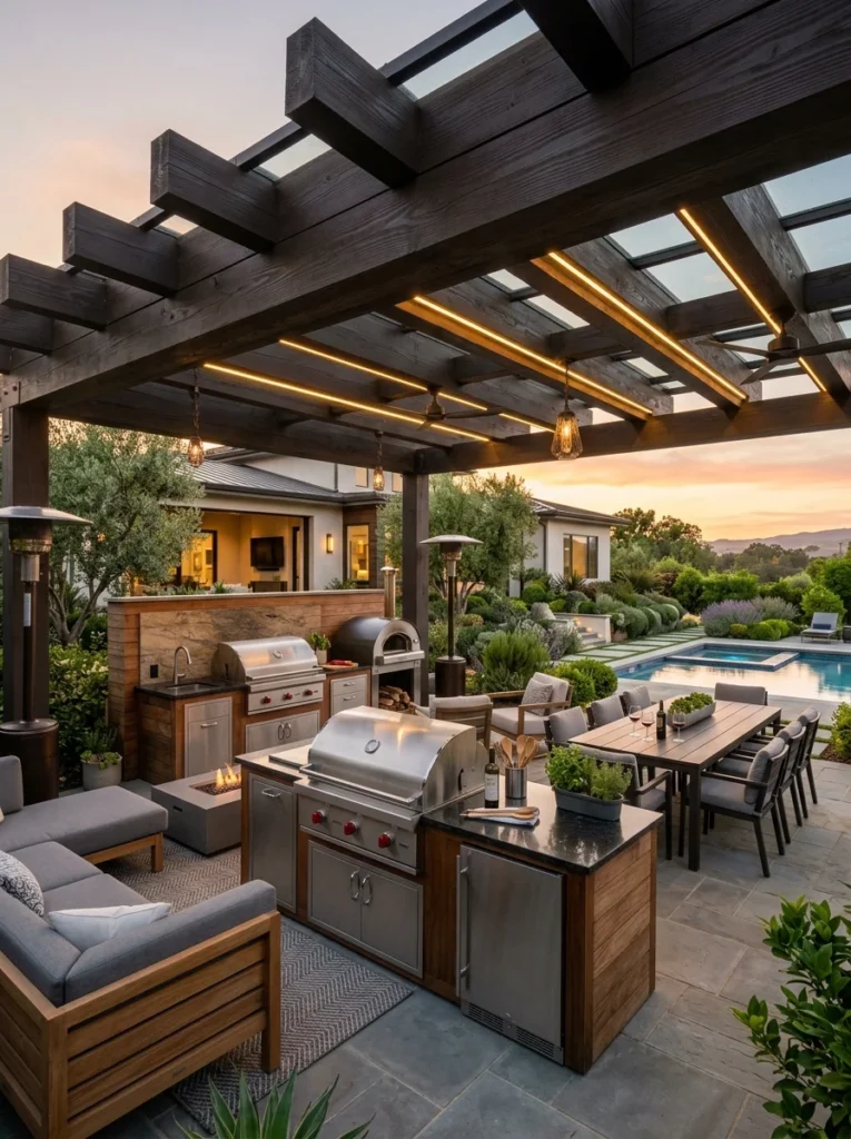 Outdoor kitchen protected by a stylish pergola with weather-resistant design features