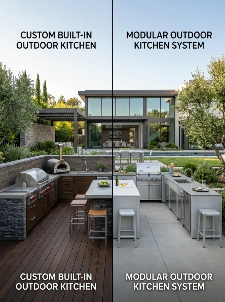 Comparison between custom-built and modular outdoor kitchen designs.