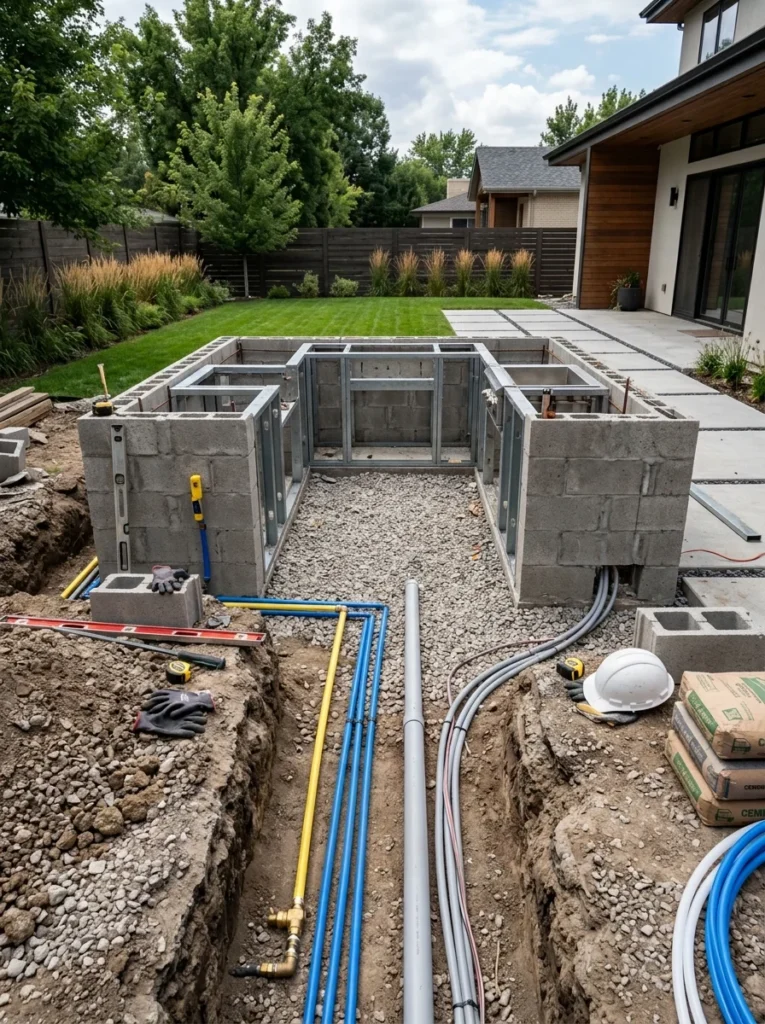 Planning gas, water, and electrical connections before building an outdoor kitchen.