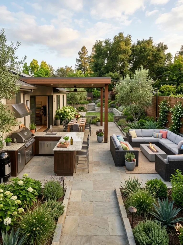 Functional outdoor kitchen layout with clear walking space between cooking and dining areas.