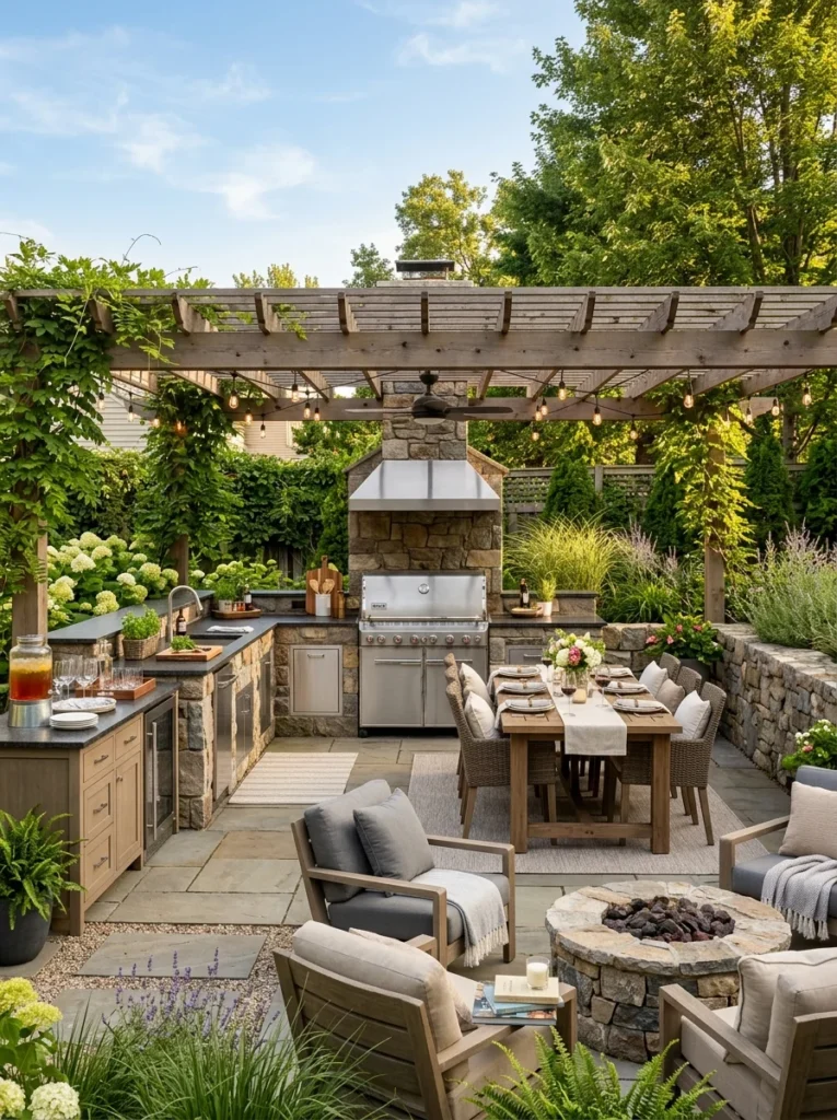 Outdoor kitchen layout designed for everyday grilling and family entertaining with practical workspace.
