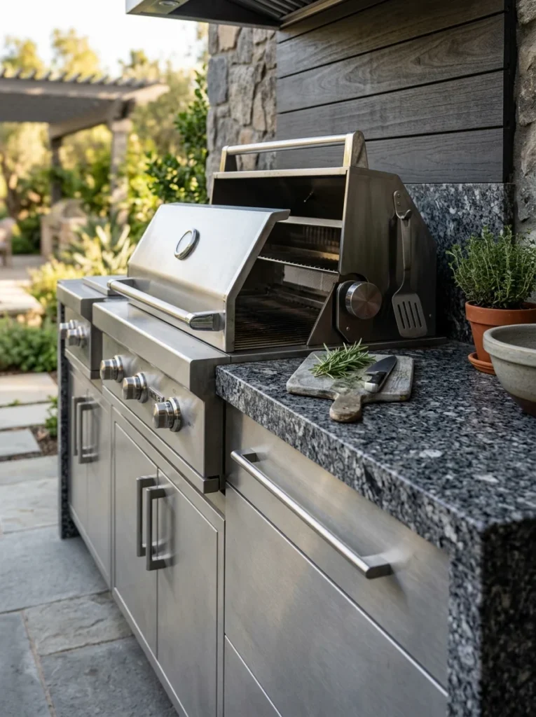 Outdoor-rated stainless steel cabinets and granite countertops built to withstand outdoor weather.