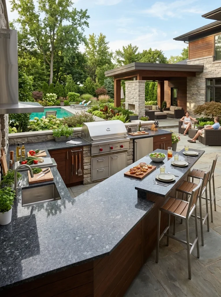 Outdoor kitchen with generous prep counters and serving space beside the built-in grill.